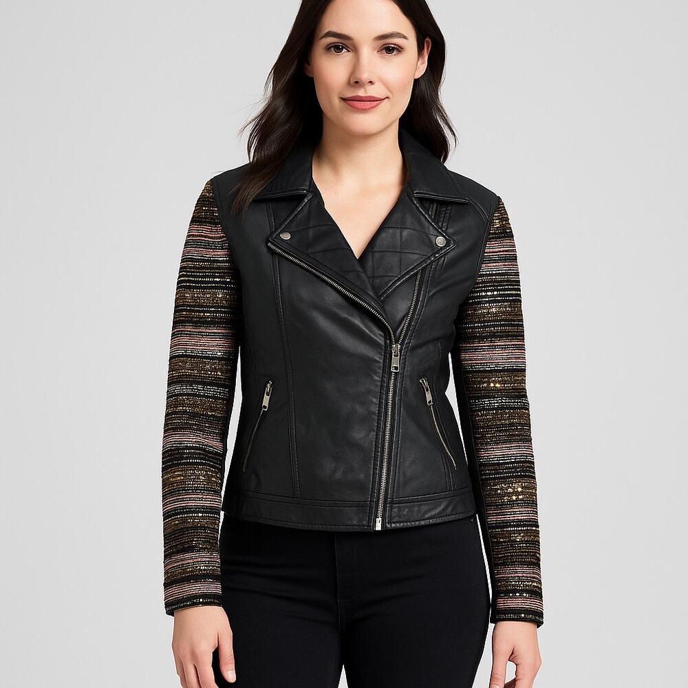 XOXO Faux Leather Moto Jacket Beaded Sequin Sleeves M